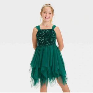 Girls Tulle Dress Size XL 14 Cat & Jack Dark Green Sequins Party Wedding Event